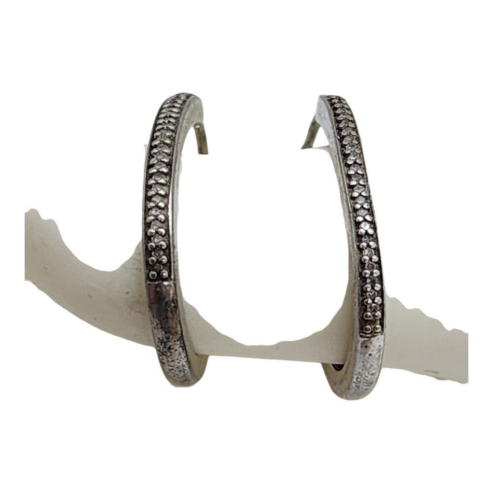 Sterling Silver Diamond Hoop Earrings Pave Set Oval Hoops Vintage Style - Picture 7 of 16